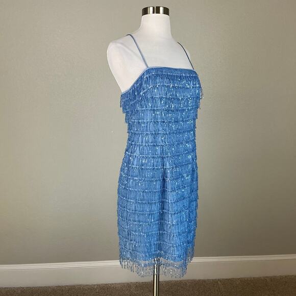 Aidan Mattox Sequined Fringe Mini Sheath Cocktail Dress Blue Size 6 Sleeveless - Picture 2 of 14